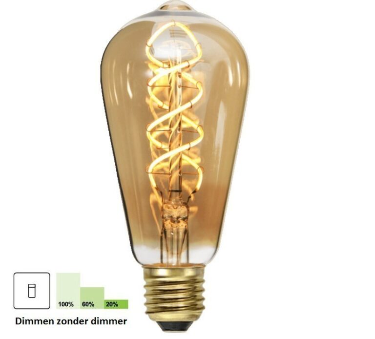 Een Led lamp die gebaseerd is op de ouderwetse lamp. Lichtkleur: extra warm wit (2200K) 6 watt – 3 watt – 1,5 watt (260 – 130 – 65 lumen) Met de 3 stap Dimming techniek kunt u in drie fases dimmen met de reeds aanwezige aan- en uitschakelaar. Deze technologie is in de ledlamp ingebouwd en hierdoor heeft u geen extra dimmer of installatie nodig. Bij Step Dimming is het mogelijk om de lichtbron te branden op 100%, 50% en 20%. In een gedimde stand verbruikt u ook nog eens minder energie. LET OP! werkt niet met een dimmer Garantie: 3 jaar Fitting: E27 85% energiebesparing Levensduur: 20.000 branduren 20.000 keer aan/uit schakelen