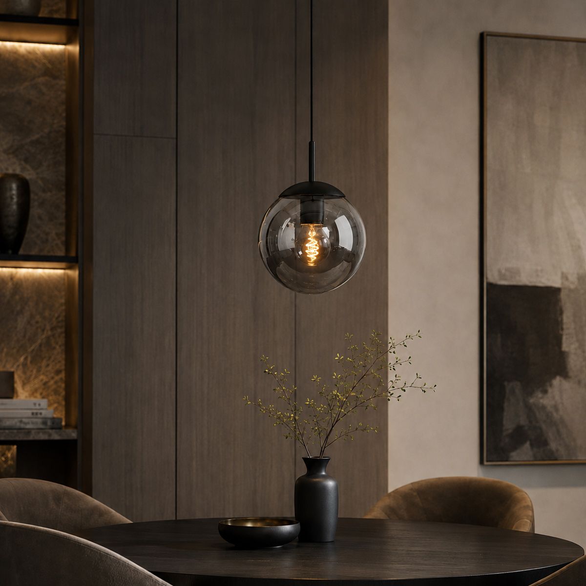 Hanglamp Bollique 3497ZW Zwart – Smoke glas Ø25 cm - Afbeelding 2