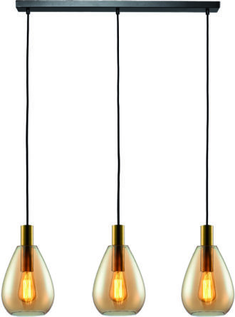 Hanglamp Dorato 3-Lichts Balk – Brons-Goud / Amber Glas
