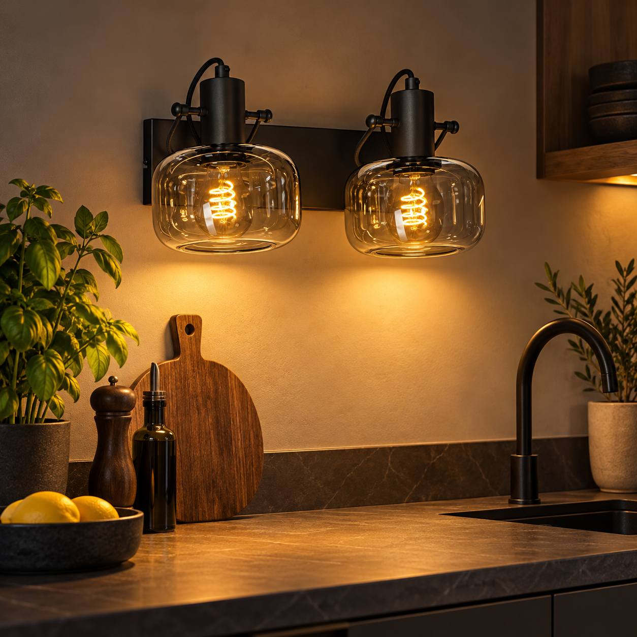 Steinhauer Glaslic 3865ZW – Zwarte 2-lichts wandlamp met smoke glas - Afbeelding 2