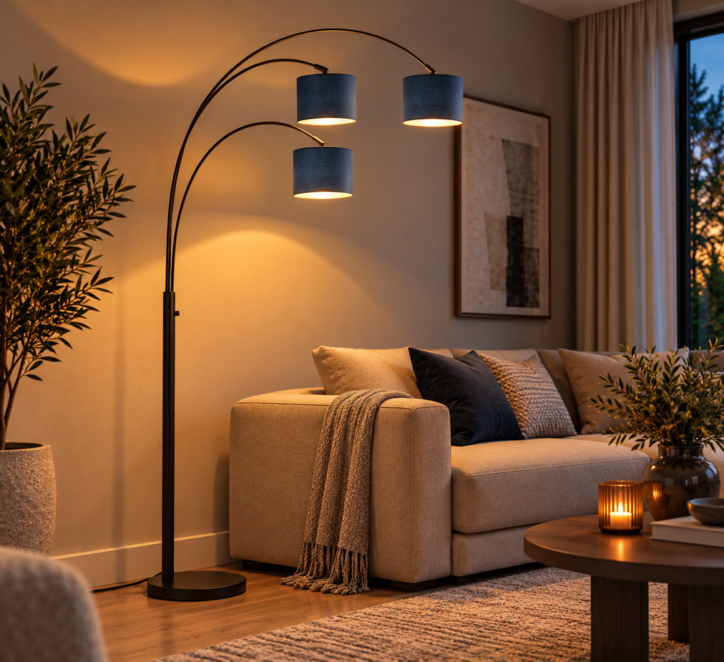 Steinhauer Sparkled Light 3828ZW – 3-lichts Vloerlamp Zwart met Blauwe Velours Kappen