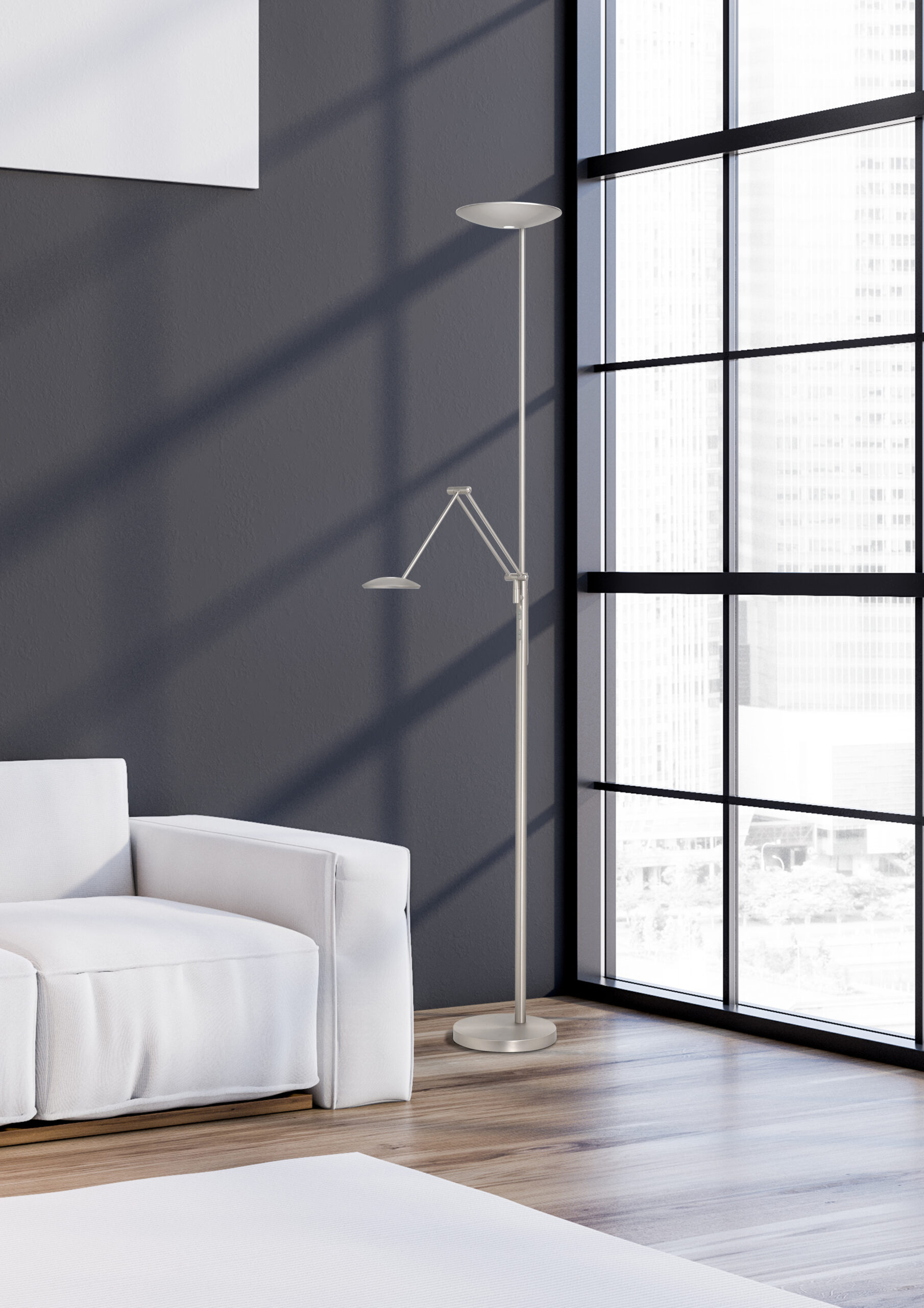 Vloerlamp Uplight met leesarm New Roma staal