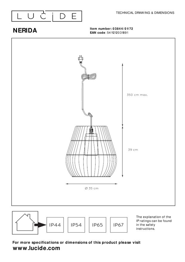 Lucide NERIDA - Hanglamp Binnen/Buiten - Ø 35 cm - 1xE27 - IP44 - Naturel - Afbeelding 7
