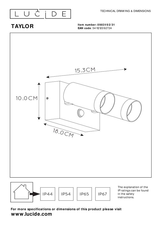 Lucide TAYLOR - Wandspot / Wandlamp Binnen/Buiten - 2xGU10 - IP54 - Beweging & dag/nacht sensor - Wit - Afbeelding 7