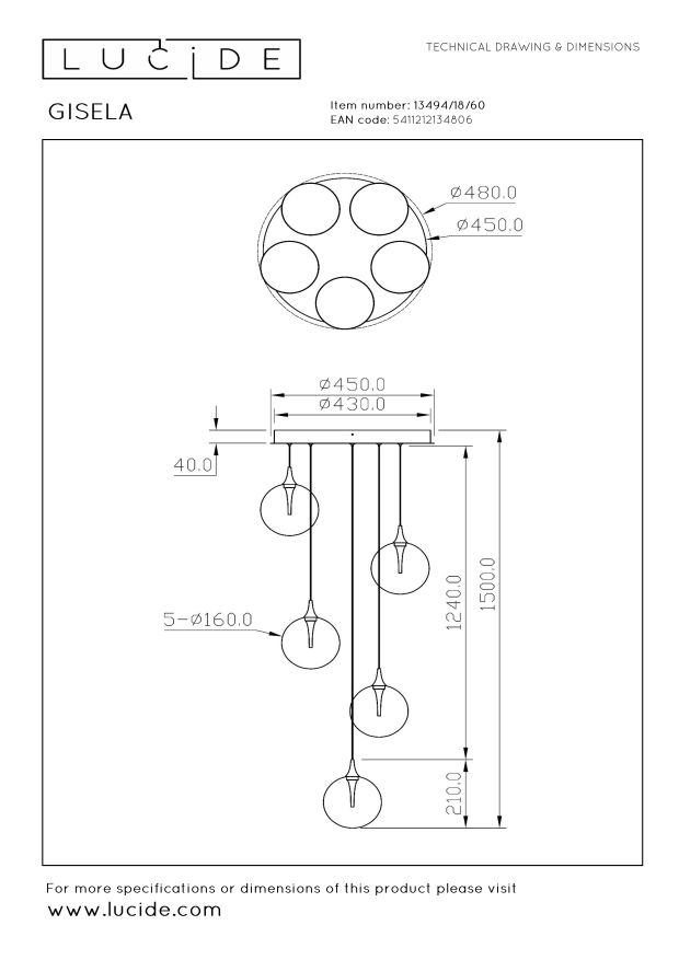 Lucide GISELA - Hanglamp - Ø 48 cm - LED Dimb. - 5x3,8W 2700K - Transparant - Afbeelding 10