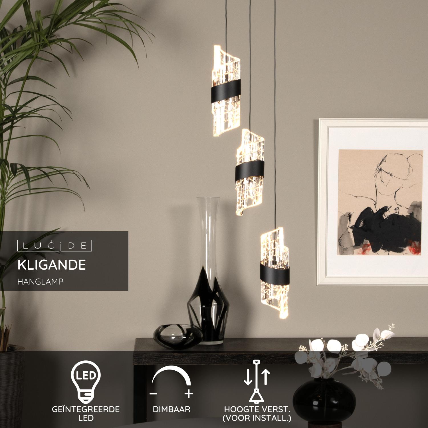 Lucide KLIGANDE - Hanglamp - Ø 25 cm - LED Dimb. - 3x8W 2700K - Zwart - Afbeelding 3