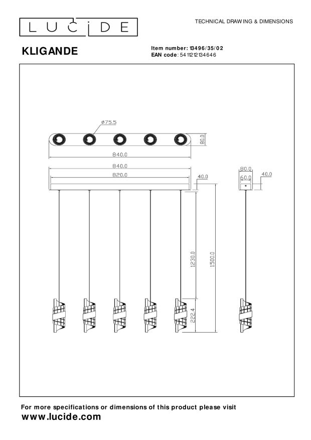 Lucide KLIGANDE - Hanglamp - LED Dimb. - 5x7,8W 2700K - Mat Goud / Messing - Afbeelding 9