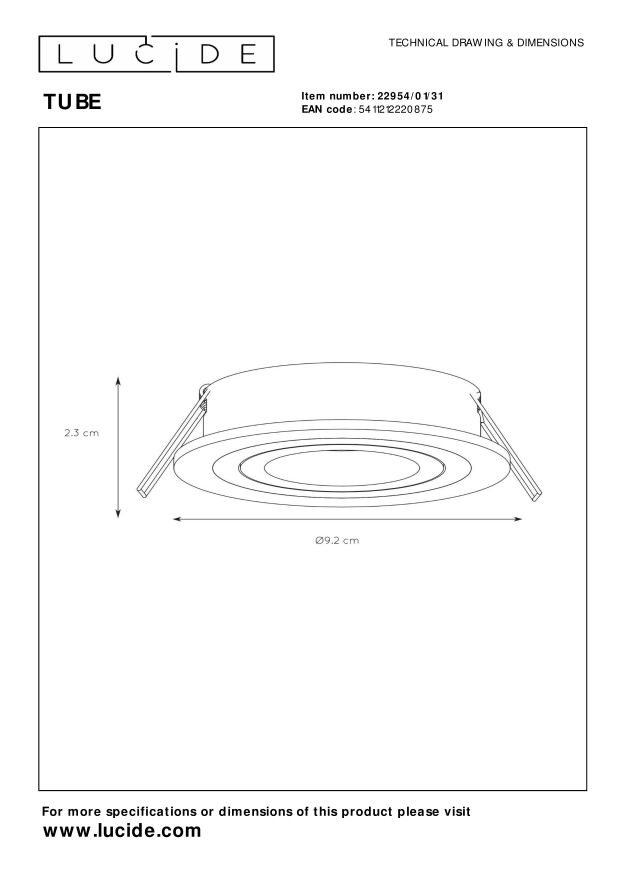 Lucide TUBE - Inbouwspot - Ø 9,2 cm - 1xGU10 - Wit - Afbeelding 8