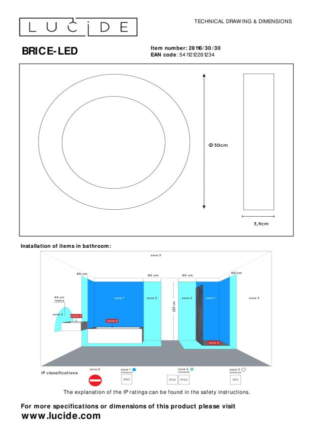 Lucide BRICE-LED - Plafonnière Badkamer - Ø 30 cm - LED Dimb. - 1x30W 3000K - IP44 - Zwart - Afbeelding 5