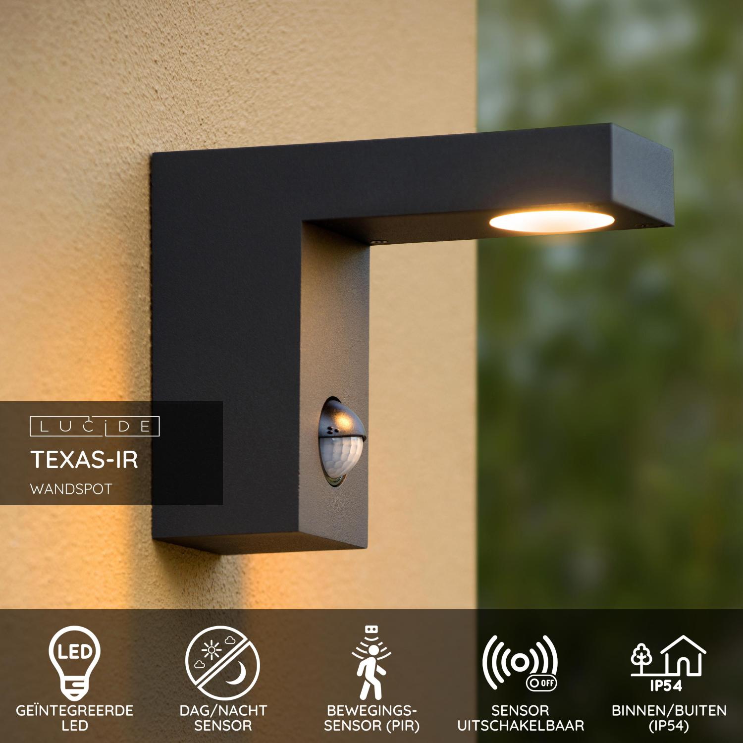 Lucide TEXAS-IR - Wandspot / Wandlamp Binnen/Buiten - LED - 1x7W 3000K - IP54 - Beweging & dag/nacht sensor - Antraciet - Afbeelding 3