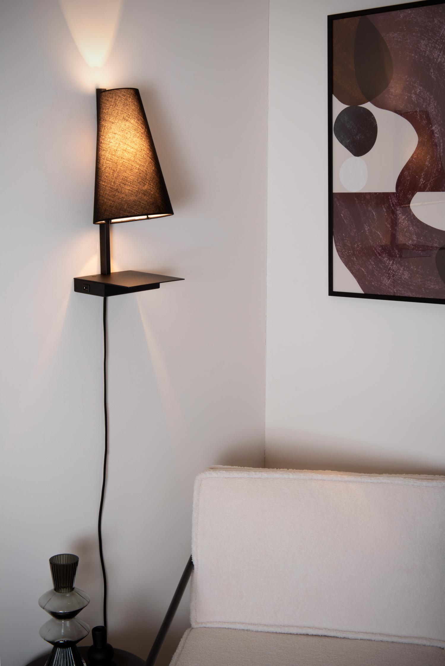 Lucide GREGORY - Bedlamp / Wandlamp - 1xE27 - Met USB oplaadpunt - Zwart - Afbeelding 4