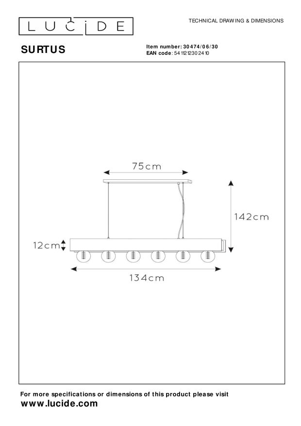 Lucide SURTUS - Hanglamp - 6xE27 - Zwart - Afbeelding 9