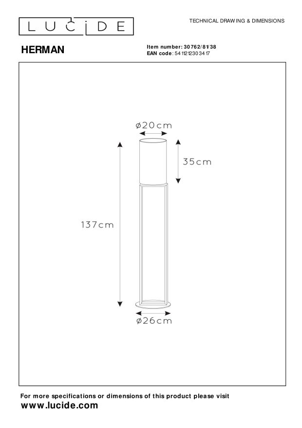 Lucide HERMAN - Vloerlamp - Ø 26 cm - 1xE27 - Beige - Afbeelding 5