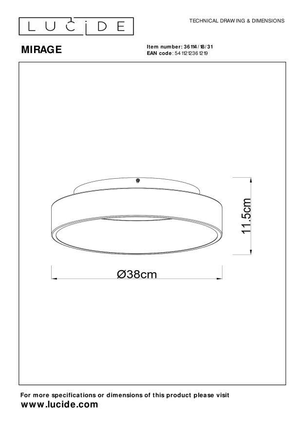 Lucide MIRAGE - Plafonnière - Ø 38 cm - LED Dimb. - 1x22W 2700K - Wit - Afbeelding 6