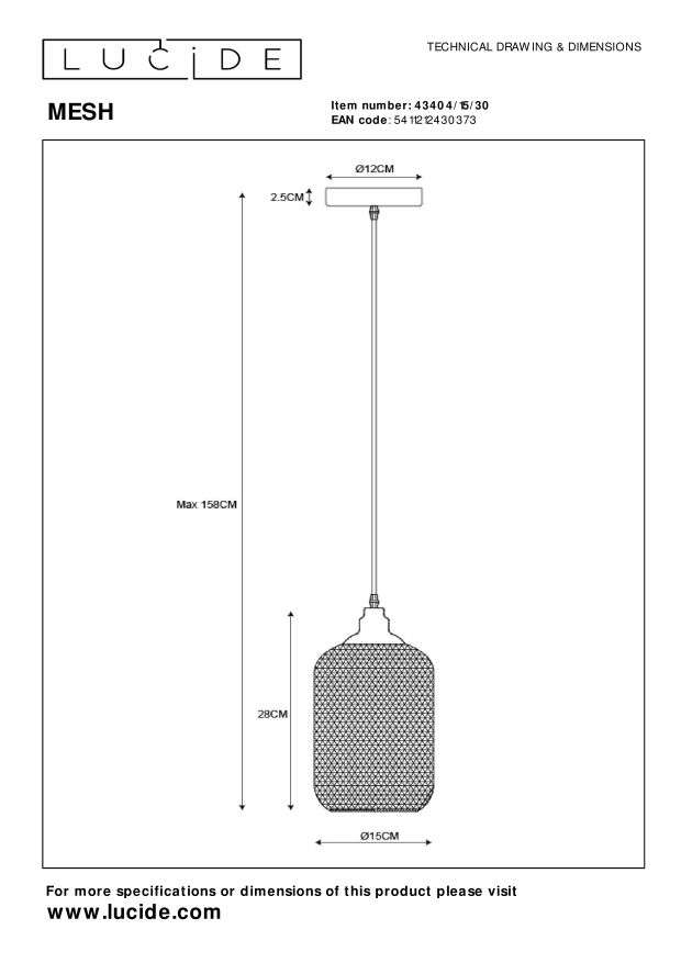 Lucide MESH - Hanglamp - Ø 15 cm - 1xE27 - Zwart - Afbeelding 5