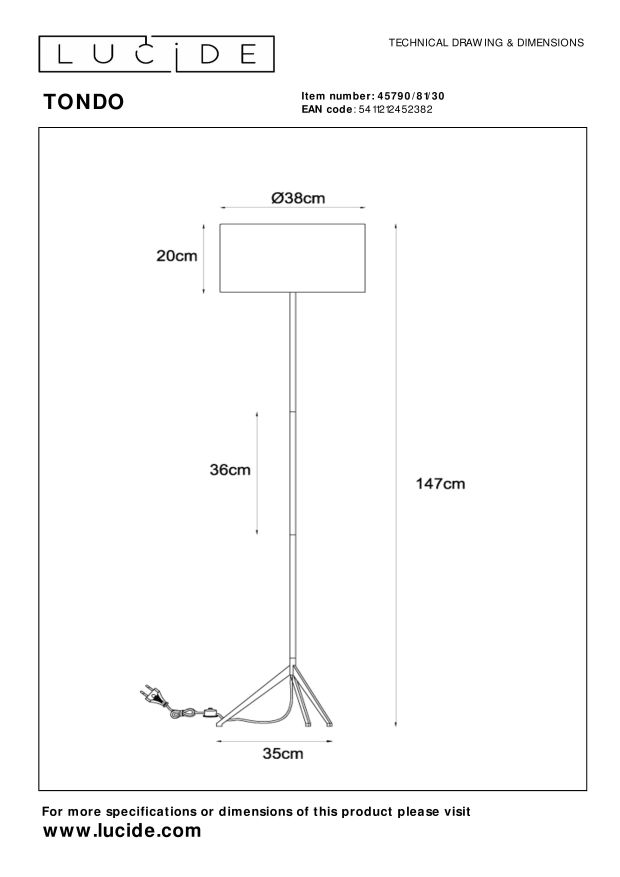 Lucide TONDO - Vloerlamp - Ø 38 cm - 1xE27 - Zwart - Afbeelding 4
