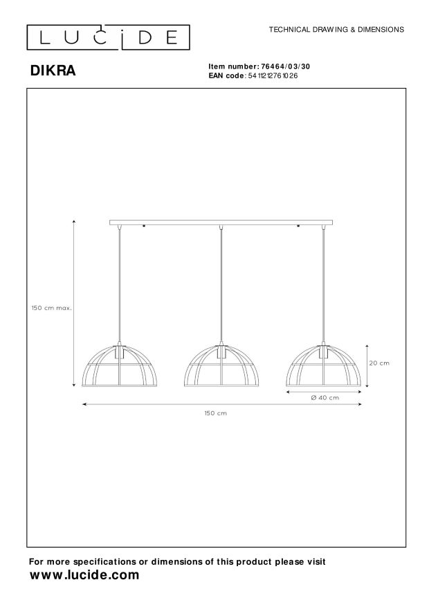 Lucide DIKRA - Hanglamp - Ø 40 cm - 3xE27 - Zwart - Afbeelding 8