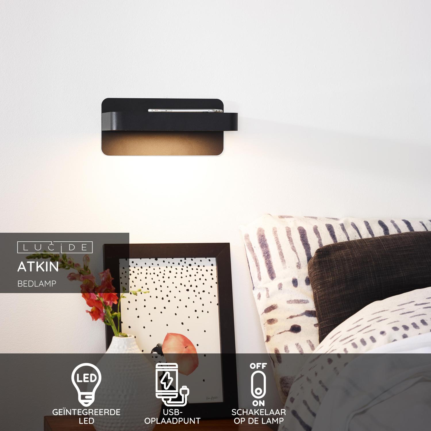 Lucide ATKIN - Bedlamp / Wandlamp - LED - 1x6W 3000K - Met USB oplaadpunt - Zwart - Afbeelding 3