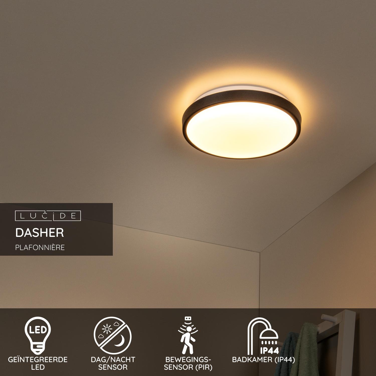 Lucide DASHER - Plafonnière Badkamer - Ø 29,3 cm - LED - 1x12W 2700K - IP44 - Beweging & dag/nacht sensor - Zwart - Afbeelding 3