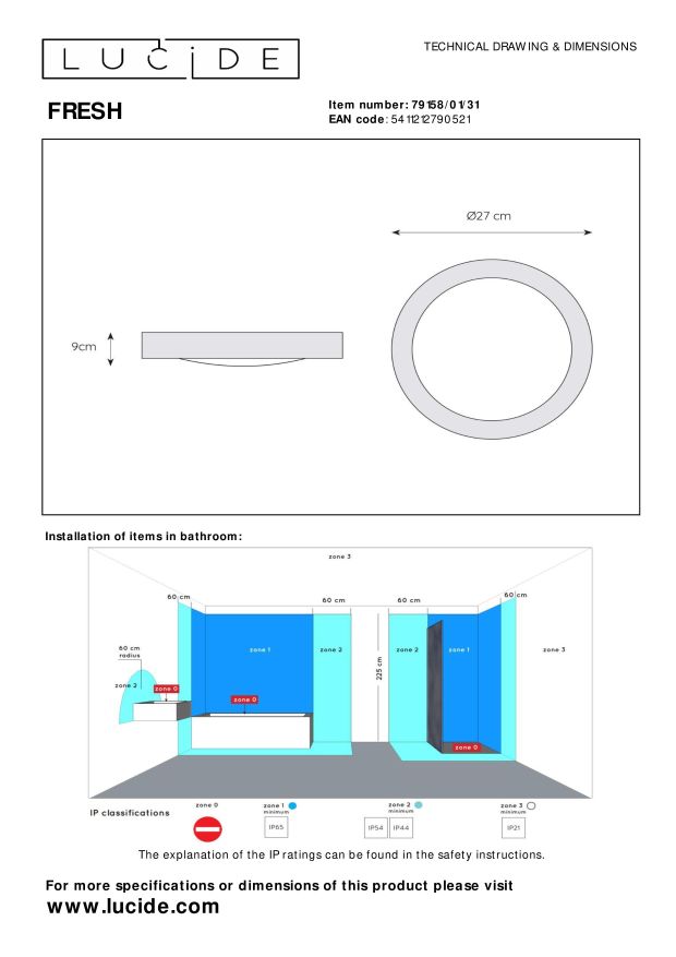 Lucide FRESH - Plafonnière Badkamer - Ø 27 cm - 1xE27 - IP44 - Wit - Afbeelding 4