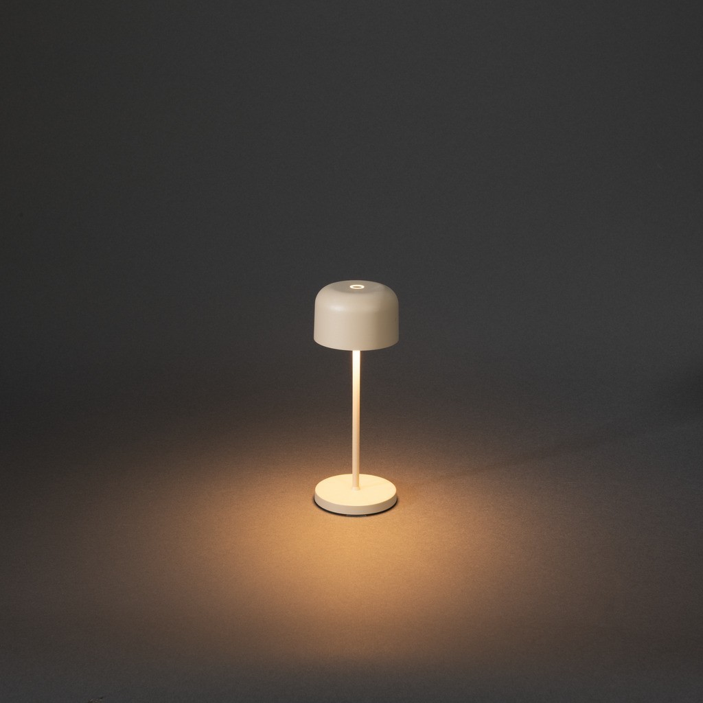 Lille mini draadloze USB oplaadbare LED lounge/tafellamp rond 7.5x20cm, IP54, docking station, USB laadkabel, touch dimmer en switch, 2200K/2700K, 10 LED (extra)warmwit, Lithium batterij, laadtijd 6u, 9u licht op 100%, 20u op 50%