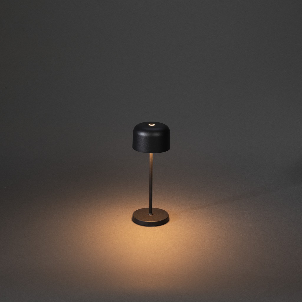 Lille mini draadloze USB oplaadbare LED lounge/tafellamp rond 7.5x20cm, IP54, docking station, USB laadkabel, touch dimmer en switch, 2200K/2700K, 10 LED (extra)warmwit, Lithium batterij, laadtijd 6u, 9u licht op 100%, 20u op 50%