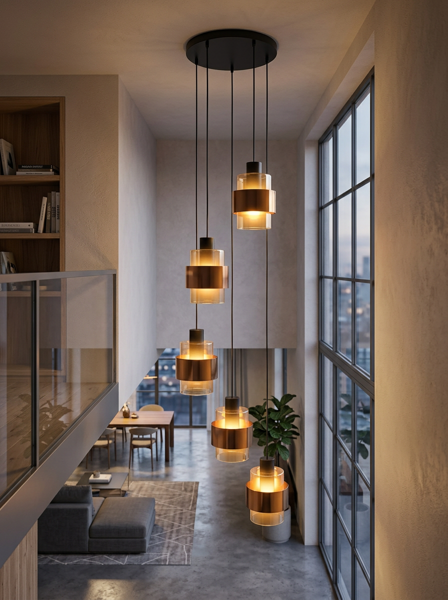 Hanglamp Chiasso 5-Lichts Vide – Zwart / Goud / Amber Glas 320cm - Afbeelding 2