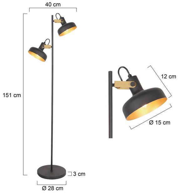 Zwarte 2 lichts vloerlamp Prato 4121ZW met E14 fittingen - Afbeelding 6
