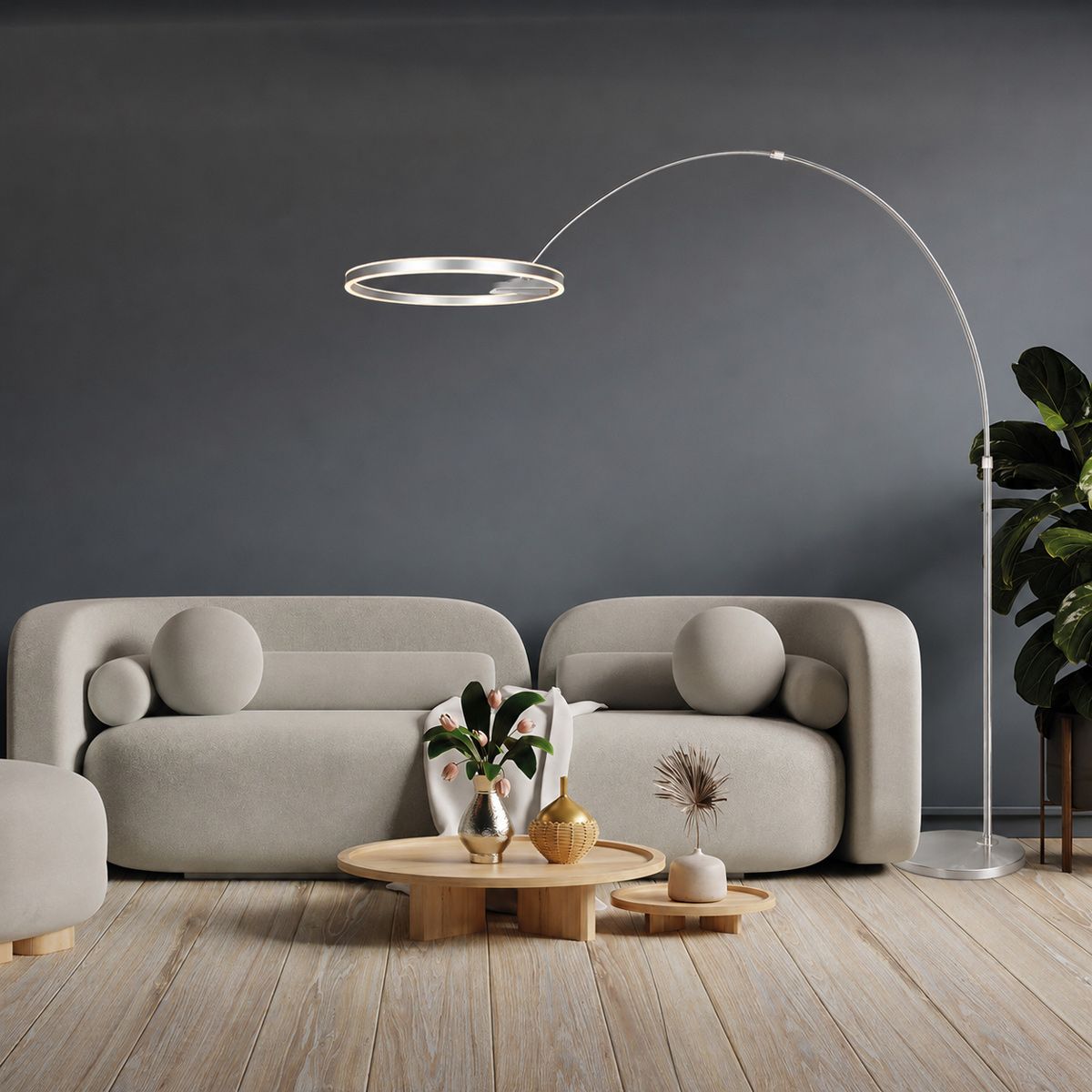 Booglamp Ringlux 4130ST Staal – Dimbare LED vloerlamp met kantelbare ring Ø50 cm - Afbeelding 2