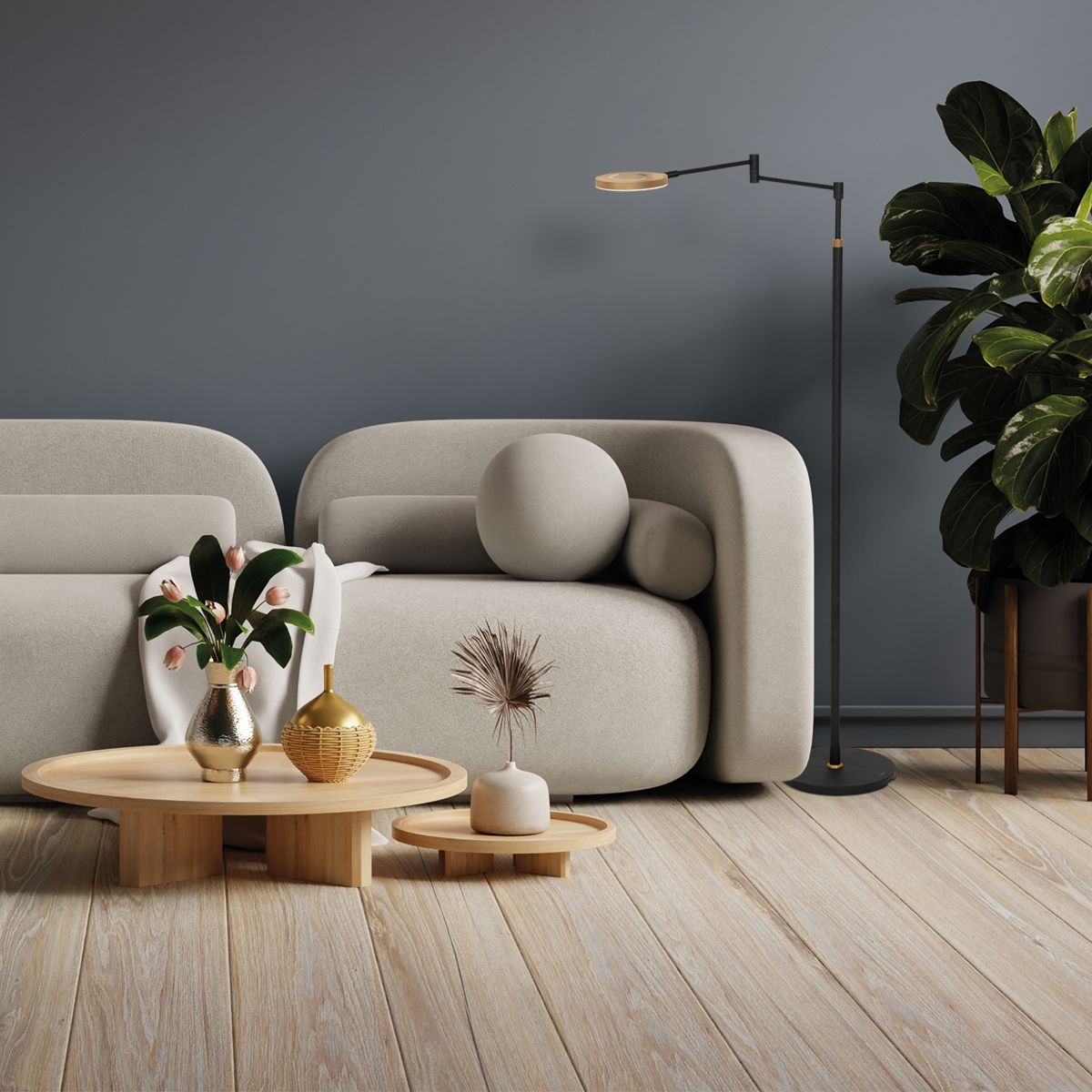 Zwarte vloerlamp Soleil 3515GO met goudkleurige details – Oplaadbare accu en zwenkarm - Afbeelding 3