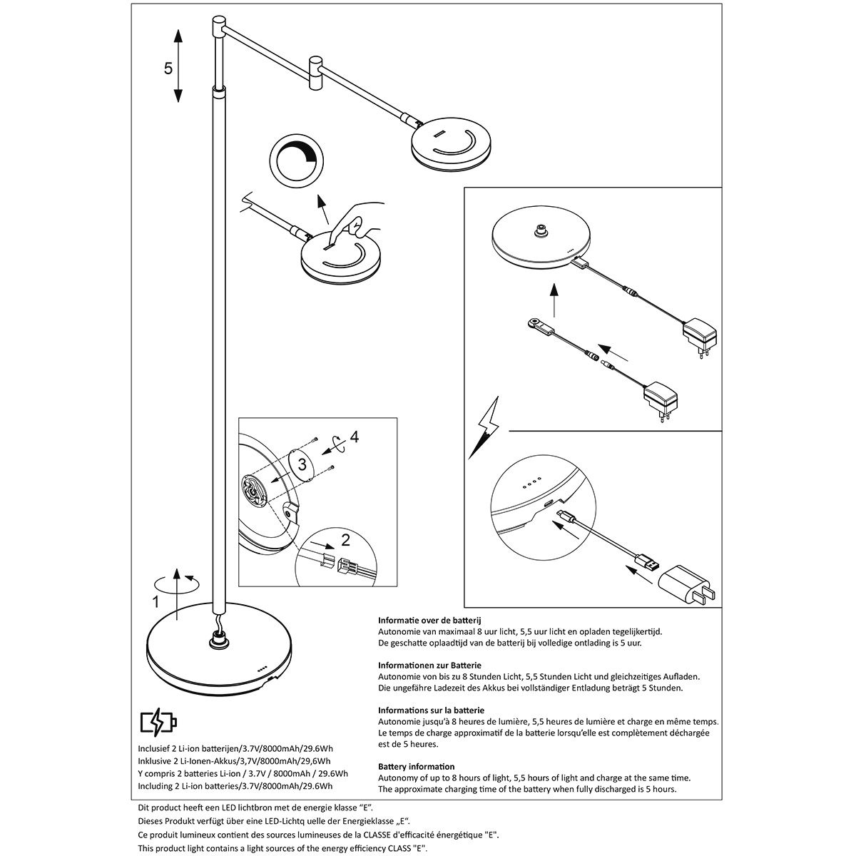 Zwarte vloerlamp Soleil 3515GO met goudkleurige details – Oplaadbare accu en zwenkarm - Afbeelding 8