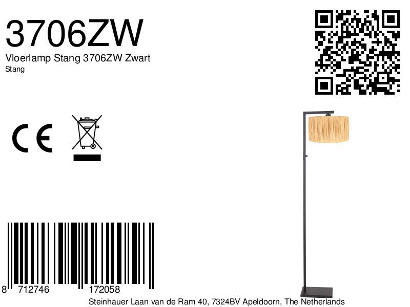 Zwarte vloerlamp Stang 3706ZW met schakelaar en naturel gras kap - Afbeelding 7