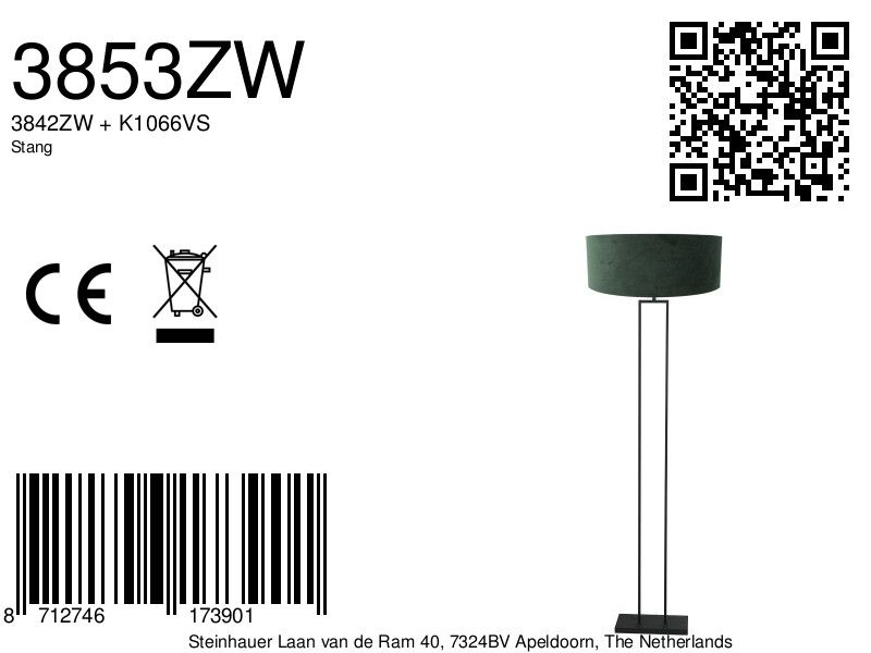 Zwarte staande lamp Stang 3853ZW met E27 fitting en groen velours kap - Afbeelding 7