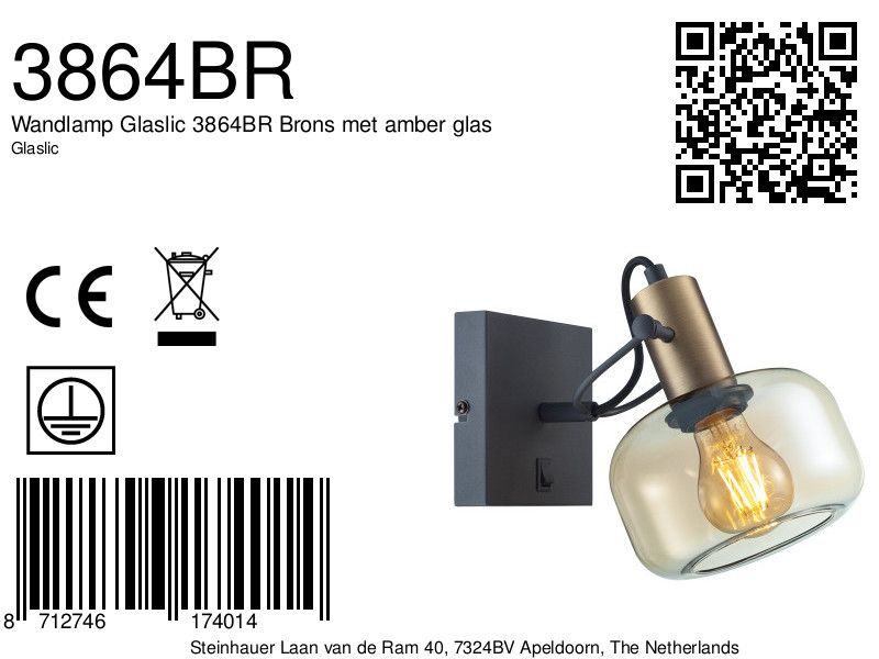 Wandlamp Glaslic 3864BR Brons met amber glas - Afbeelding 5