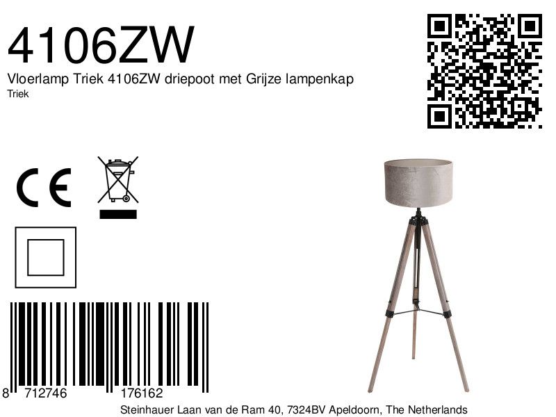 Vloerlamp Triek 4106ZW driepoot met Grijze lampenkap - Afbeelding 7
