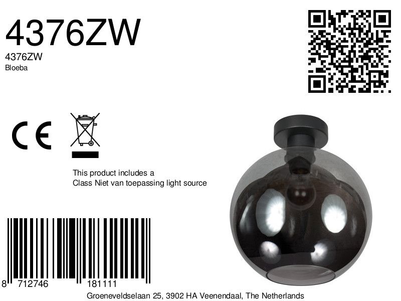 Plafondlamp Bloeba 4376ZW met rookglas kap Ø30 cm - Afbeelding 7