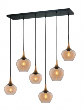 Freelight Fresu Hanglamp – 6-lichts Rechthoek | Brons-Goud | Amber Glas | 150 cm hoog