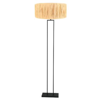 Zwarte staande lamp Stang 3846ZW met E27 fitting en naturelkleurige gras kap