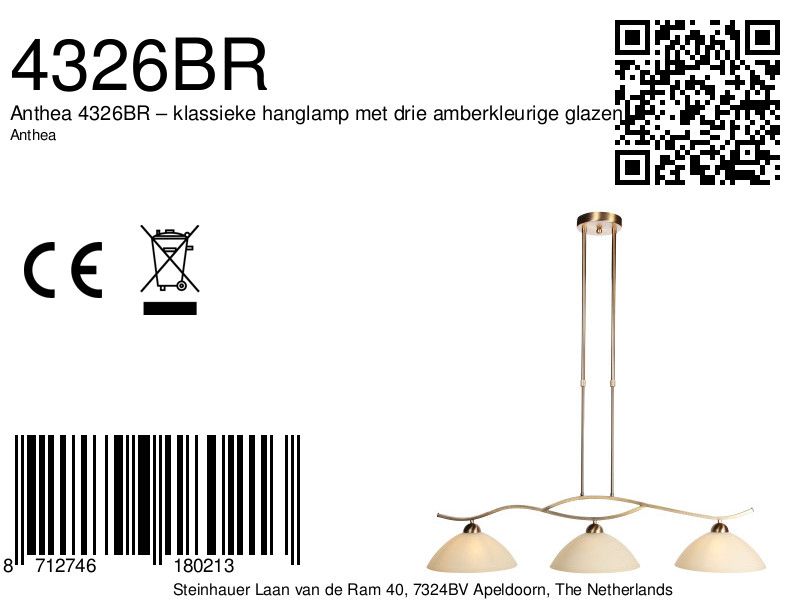 Anthea 4326BR – klassieke hanglamp met drie amberkleurige glazen - Afbeelding 6