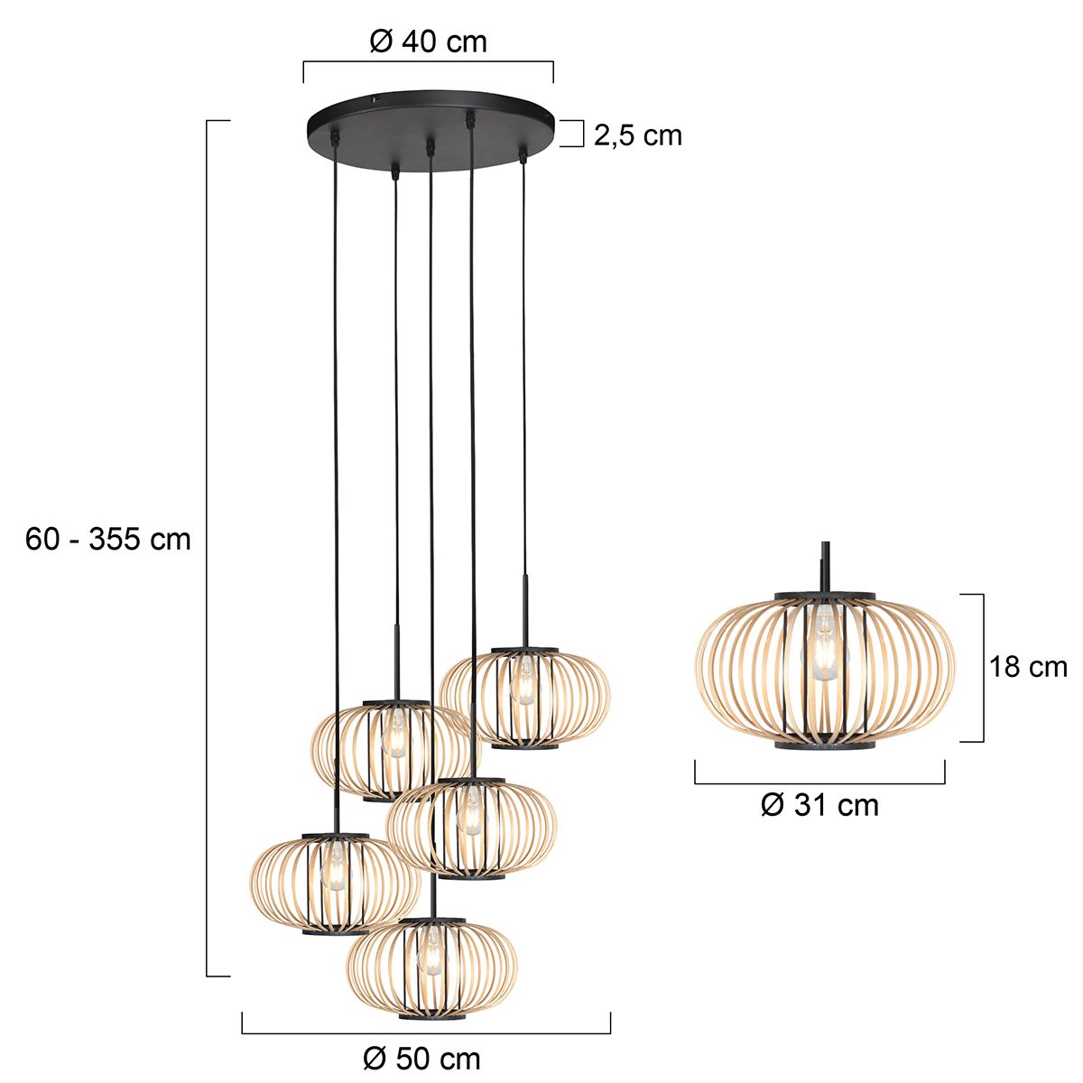 Hanglamp Silva 4524ZW – 5-lichts bamboe design Ø31cm trendy - Afbeelding 7