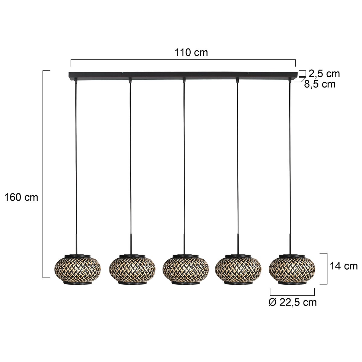 Nox Light 4528ZW – hanglamp met 5 bamboe kapjes - Afbeelding 6