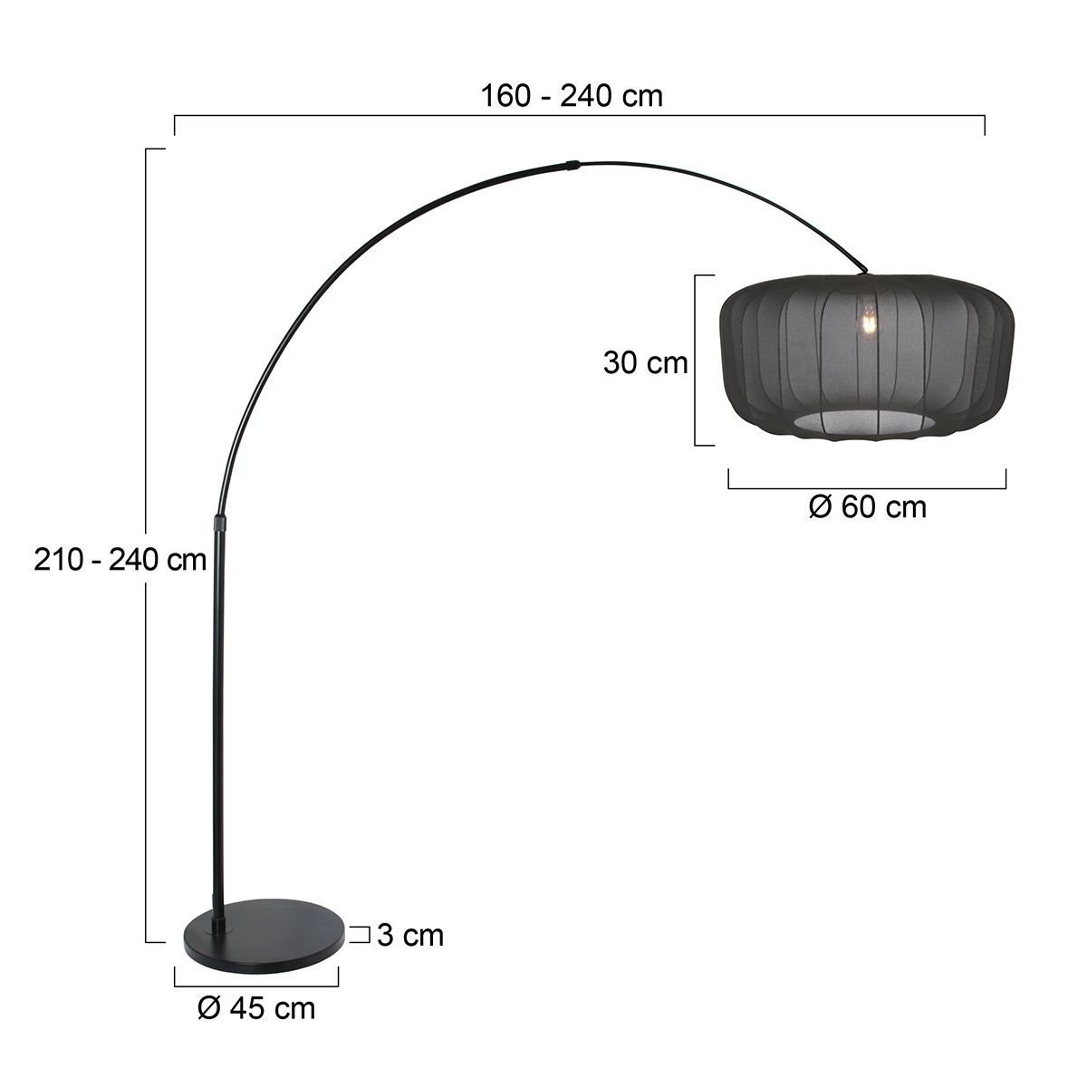 Zwarte booglamp Vela Lino 4565ZW met textiel kap Ø60 cm - Afbeelding 6