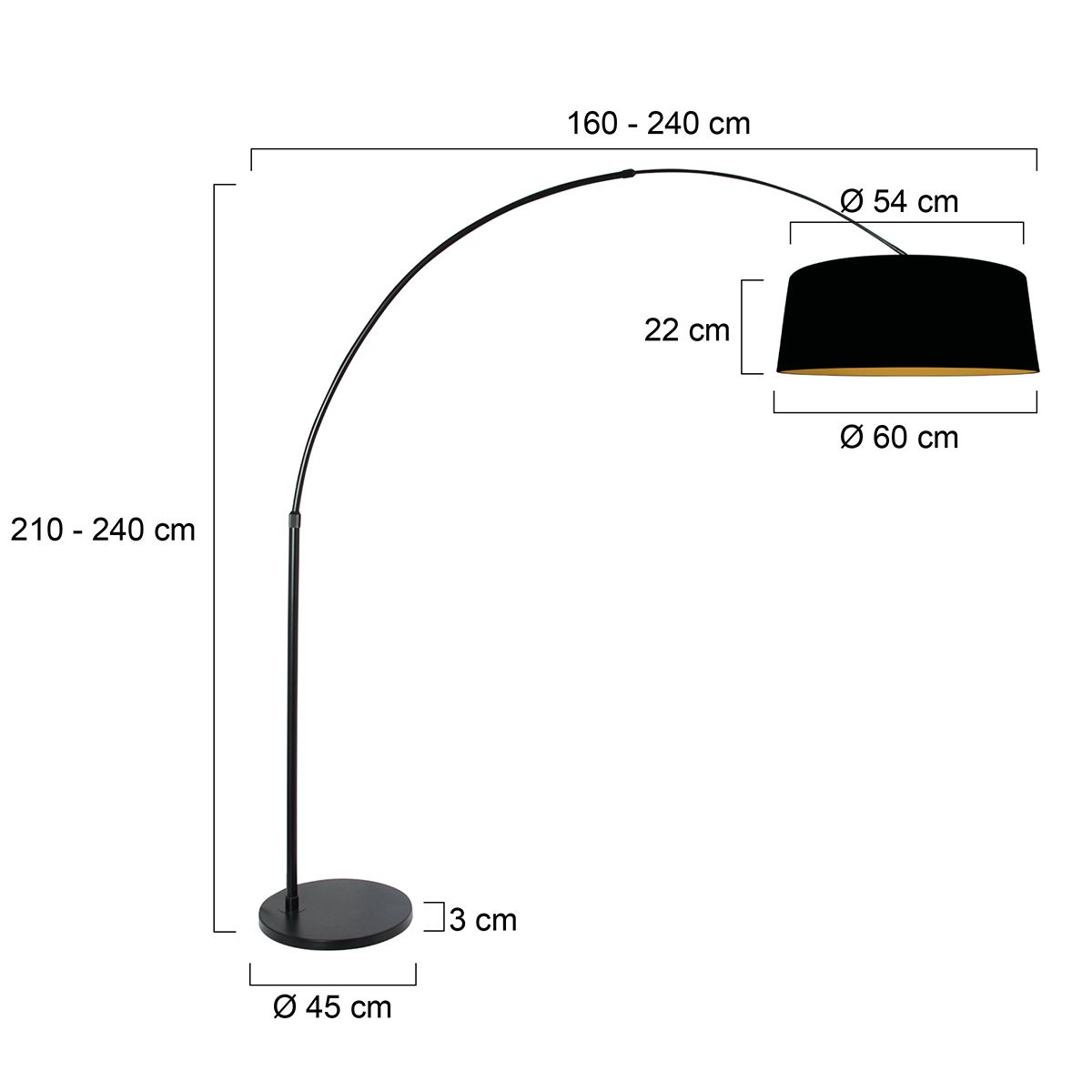 Booglamp Luma Dark 4771ZW zwart met zwart-gouden linnen kap Ø60 cm - Afbeelding 6