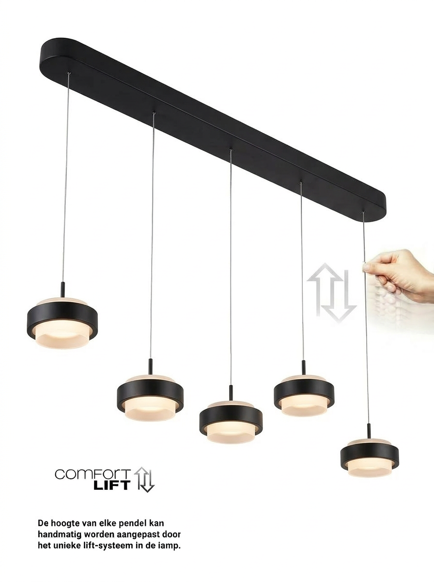 Freelight Hanglamp Puleggia 5-Lichts 120 cm – Zwart – Comfort Lift – Dim to Warm - Afbeelding 3