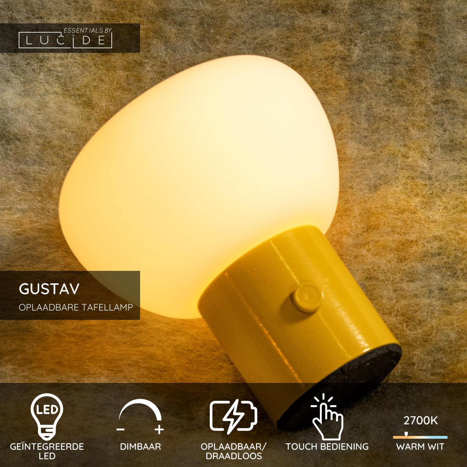 Lucide GUSTAV - Oplaadbare Tafellamp - Accu/Batterij - Ø 8 cm - LED Dimb. - 1x0,8W 2700K - Geel | Essential - Afbeelding 3