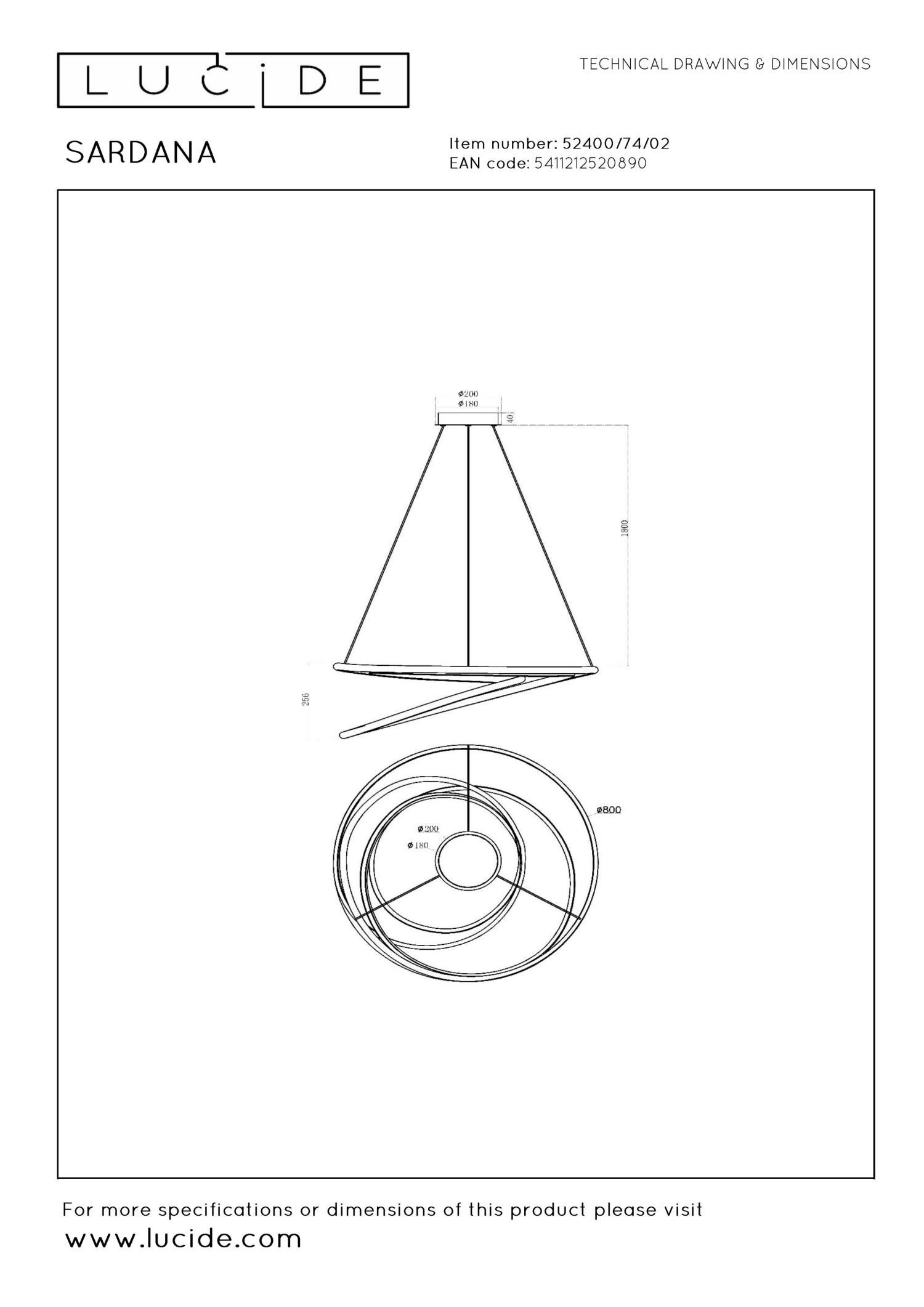 Lucide SARDANA - Hanglamp - Ø 80 cm - LED Dimb. - 1x74W 2700K - Mat Goud / Messing | Premium - Afbeelding 11