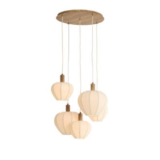 Hanglamp 5L Ø76x140 cm HUXI hout print naturel+linnen crème