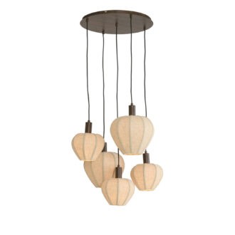 Hanglamp 5L Ø76x140 cm HUXI hout prnt d bruin+linnen nat.
