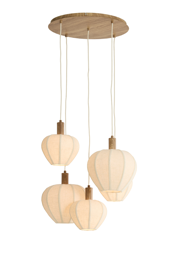 Hanglamp 5L Ø76x140 cm HUXI hout print naturel+linnen crème - Afbeelding 15