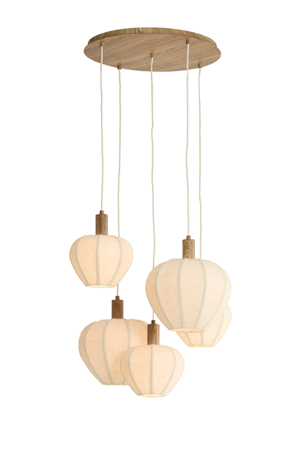 Hanglamp 5L Ø76x140 cm HUXI hout print naturel+linnen crème - Afbeelding 14